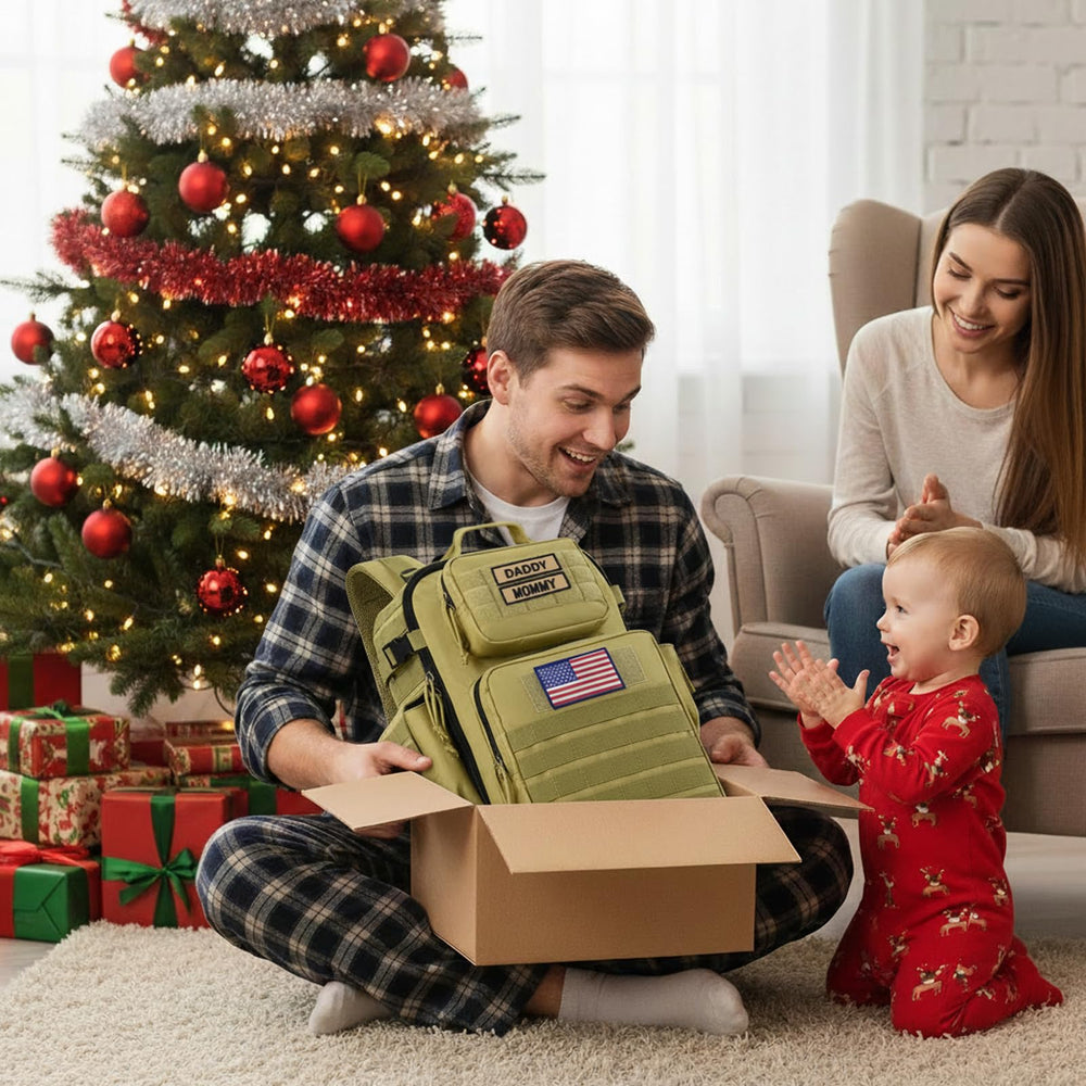 SHARKMOUTH diaper bag tan backpack featuring ergonomic straps for long days.
