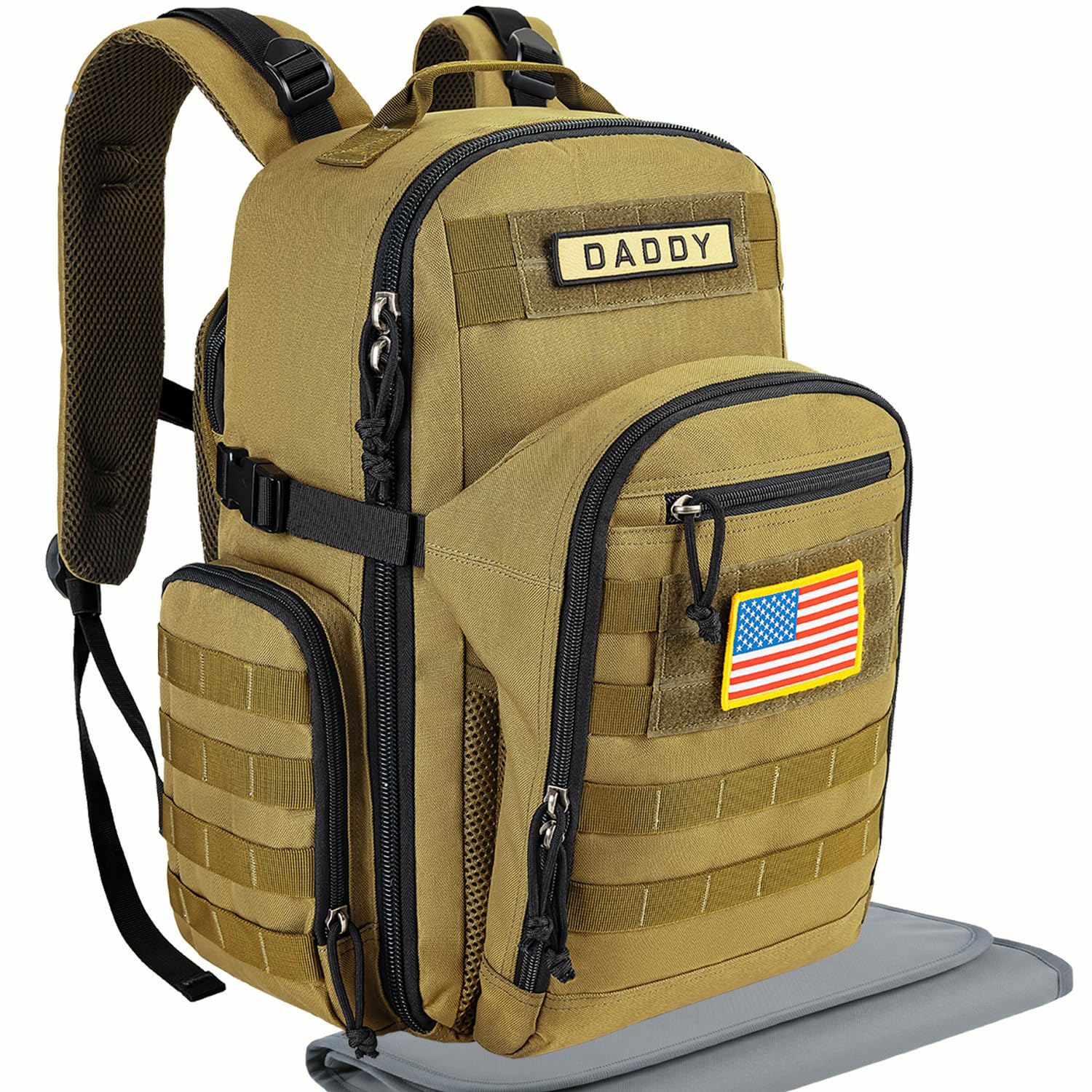 SHARKMOUTH military diaper bag front view with MOLLE webbing for accessories