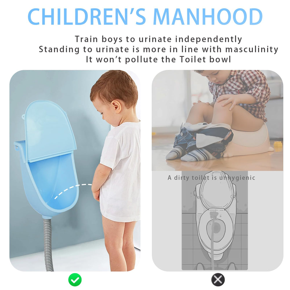 shawoo wall-mounted toddler urinal demonstrates compact setup beside a toilet for quick use.