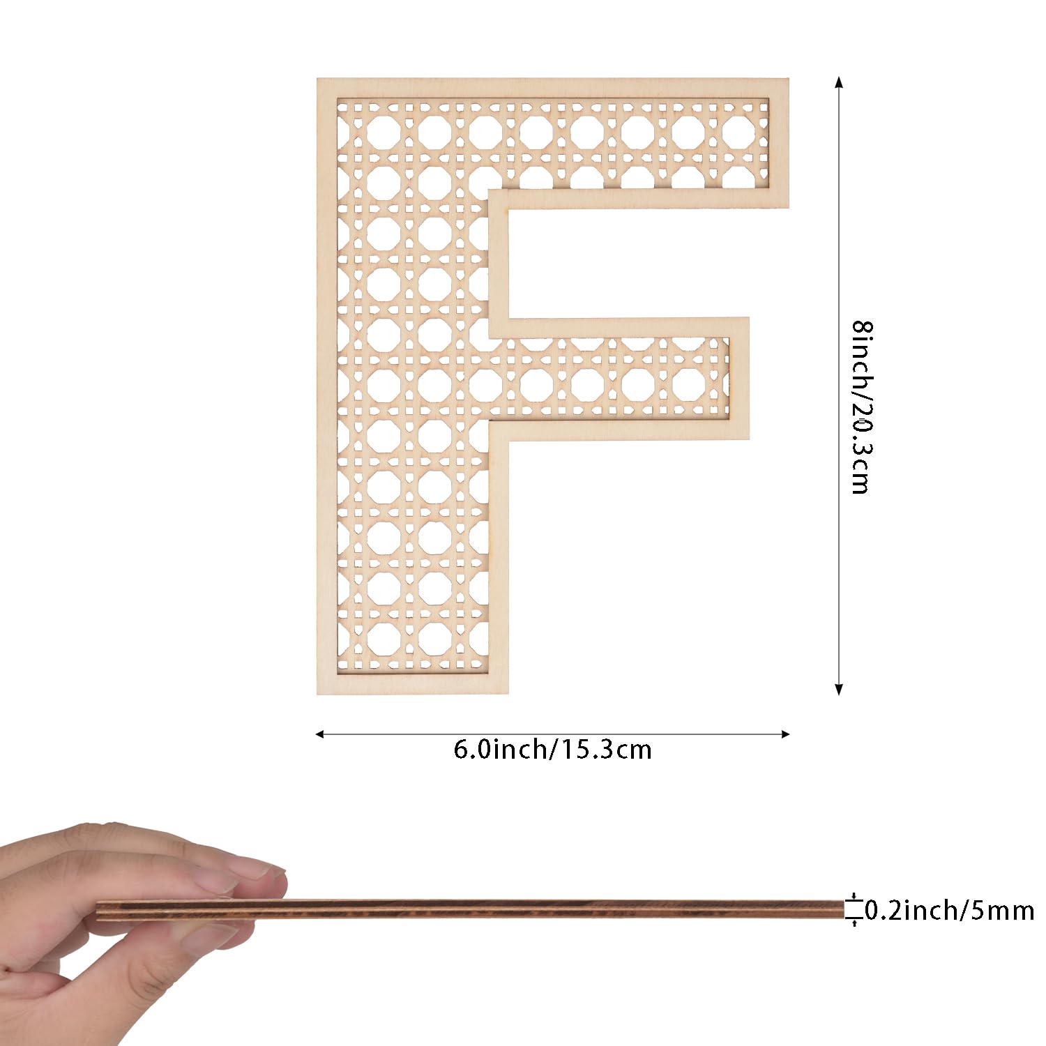 She Love wooden rattan letters 8in side profile highlights durable plywood construction for lasting decor.