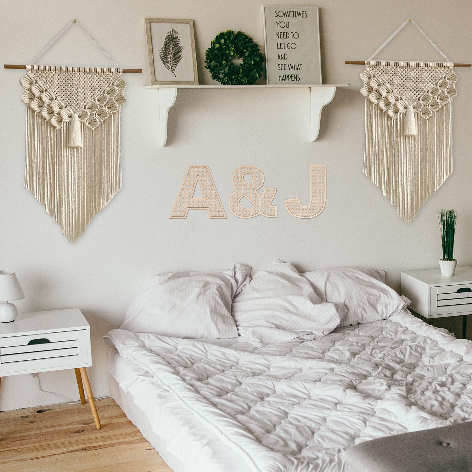 Rustic wedding decor using She Love wooden rattan letters for signage.
