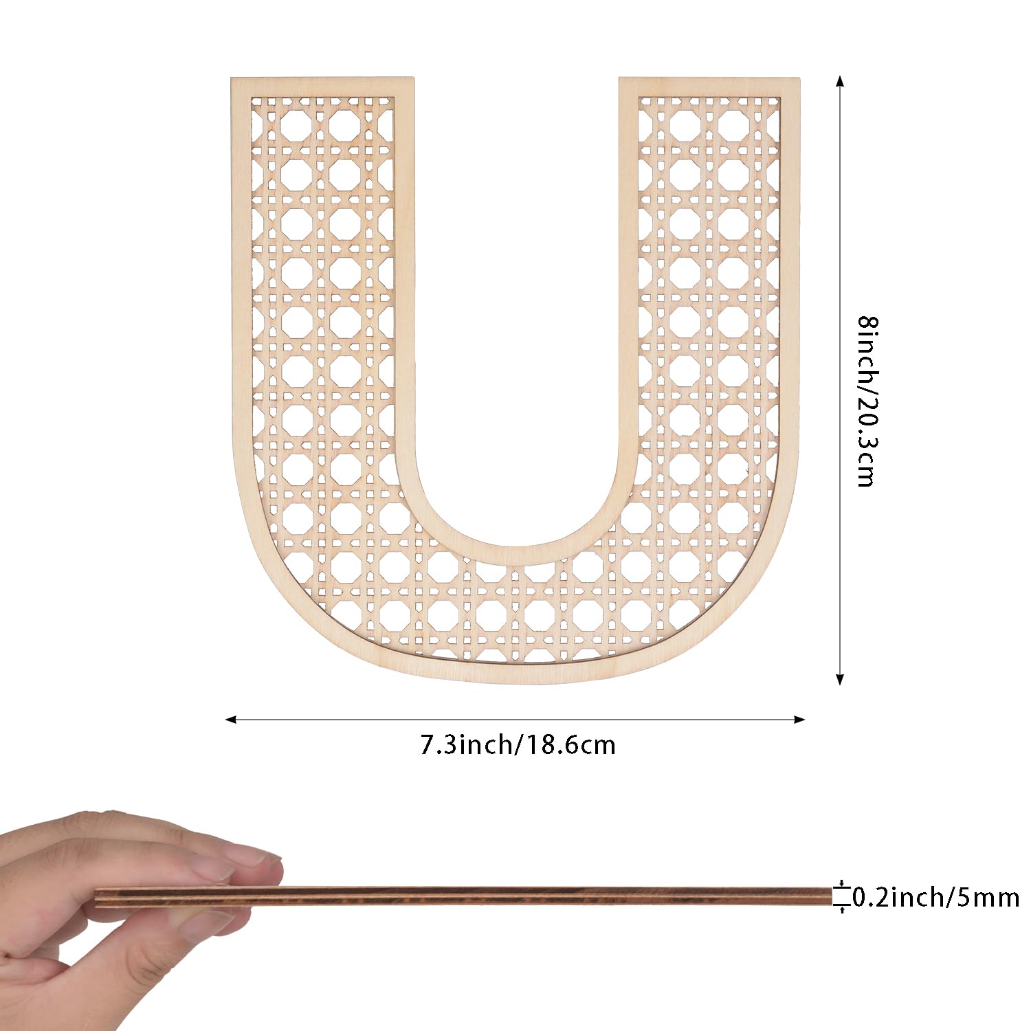 She Love wooden rattan letters U texture shot emphasizes smooth surface ideal for painting.