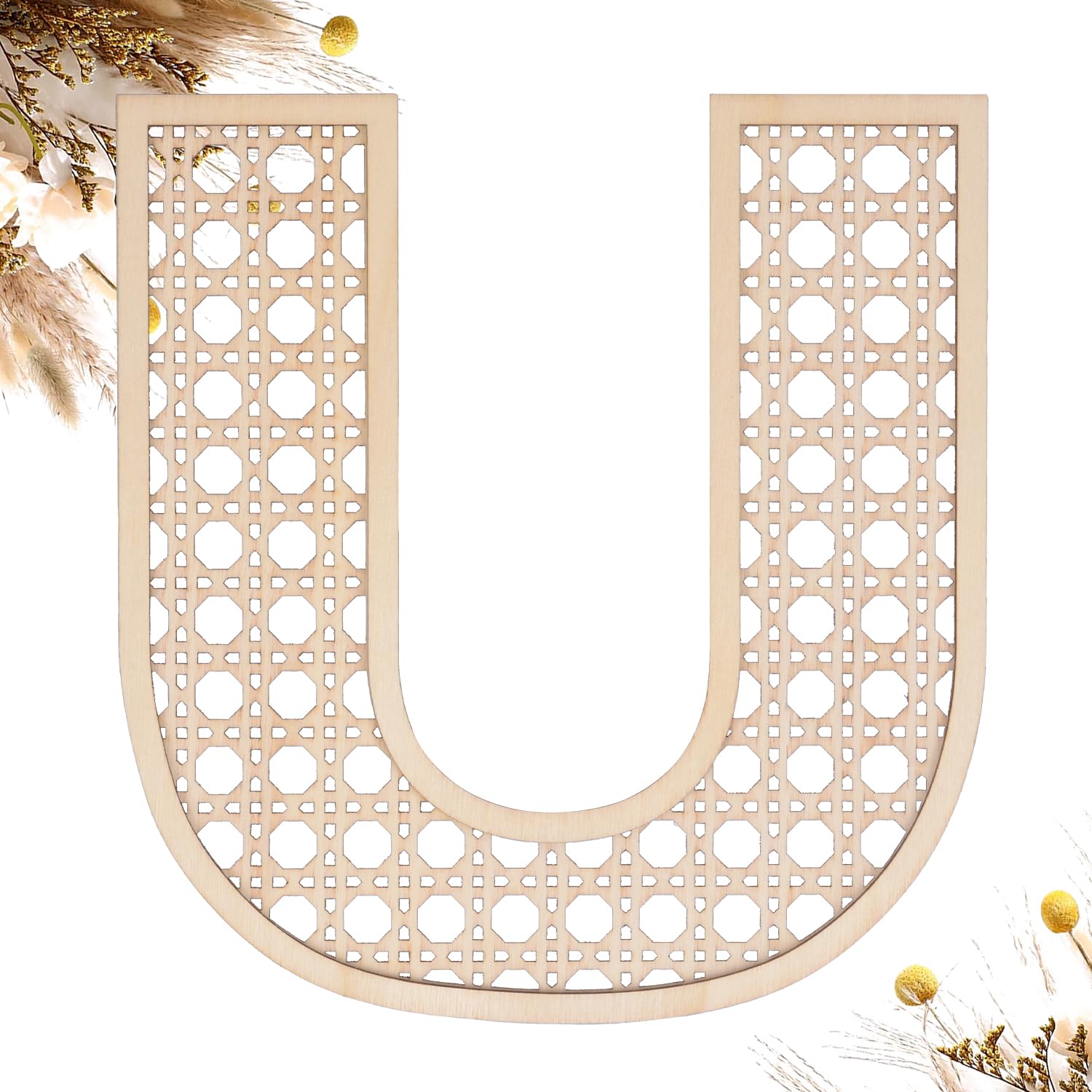 She Love wooden rattan letters U wall decor close-up highlights durable plywood construction for lasting home charm.