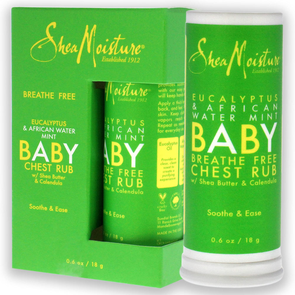 SheaMoisture chest rub close-up shows sensitive-skin friendly formula for babies.