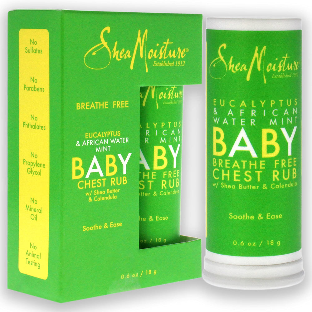 SheaMoisture chest rub packaging highlights refreshing scent and unisex use.