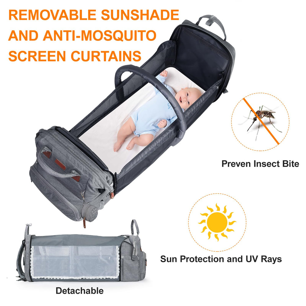 Shengmeister baby diaper bag with 19 pockets keeps essentials neatly organized.