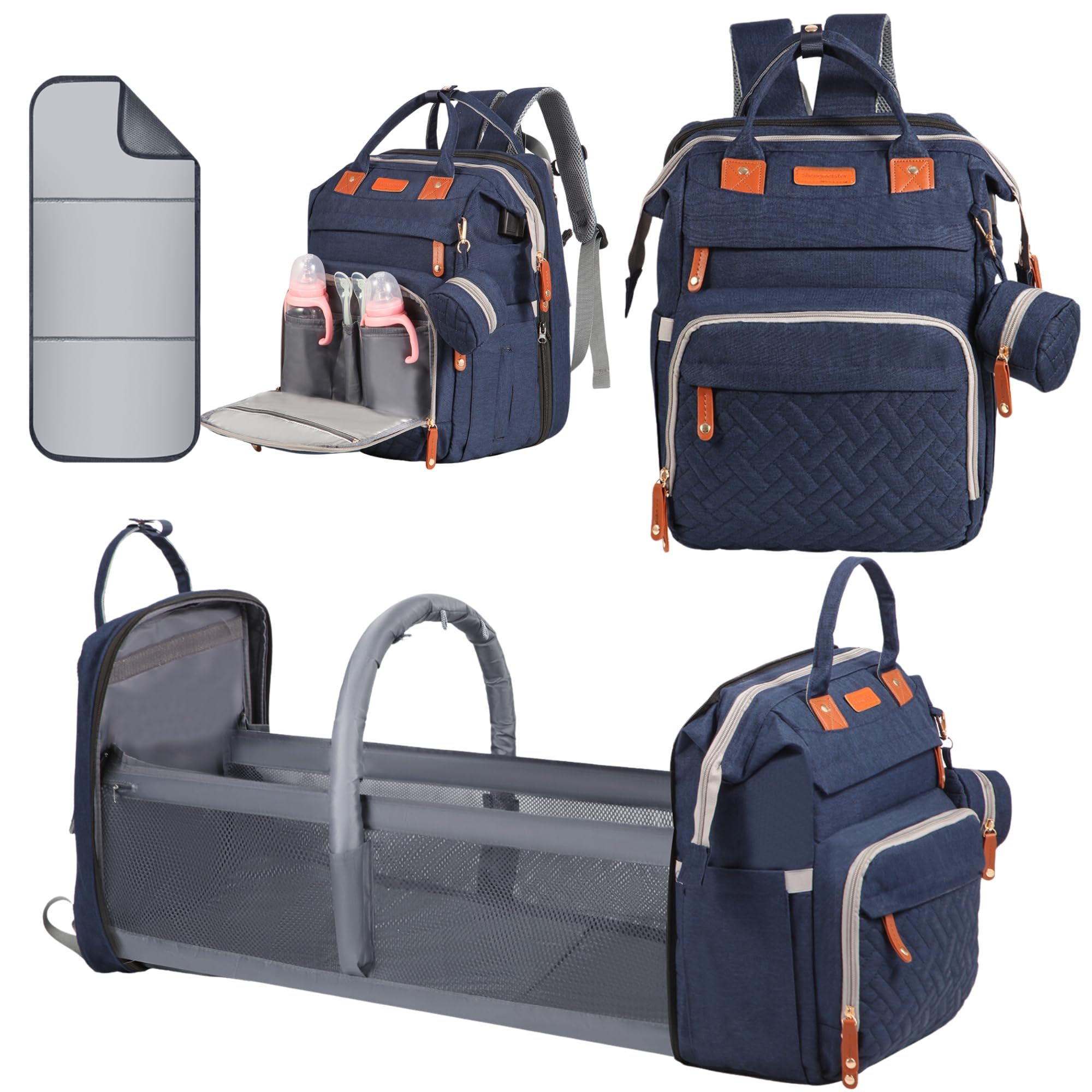 Shengmeister diaper bag backpack with changing station, open to reveal organized pockets for on-the-go care.