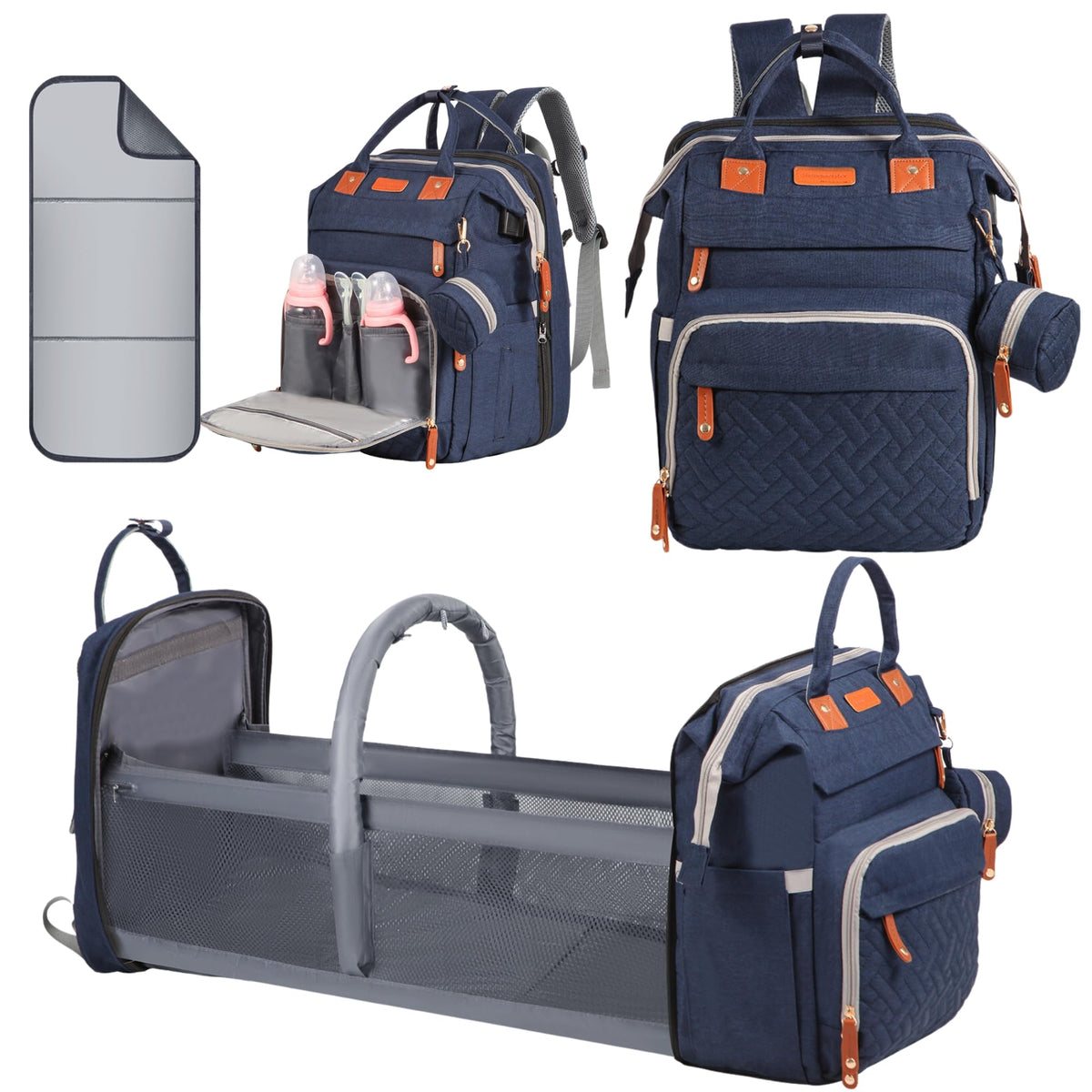 Shengmeister diaper bag backpack with changing station, open to reveal organized pockets for on-the-go care.