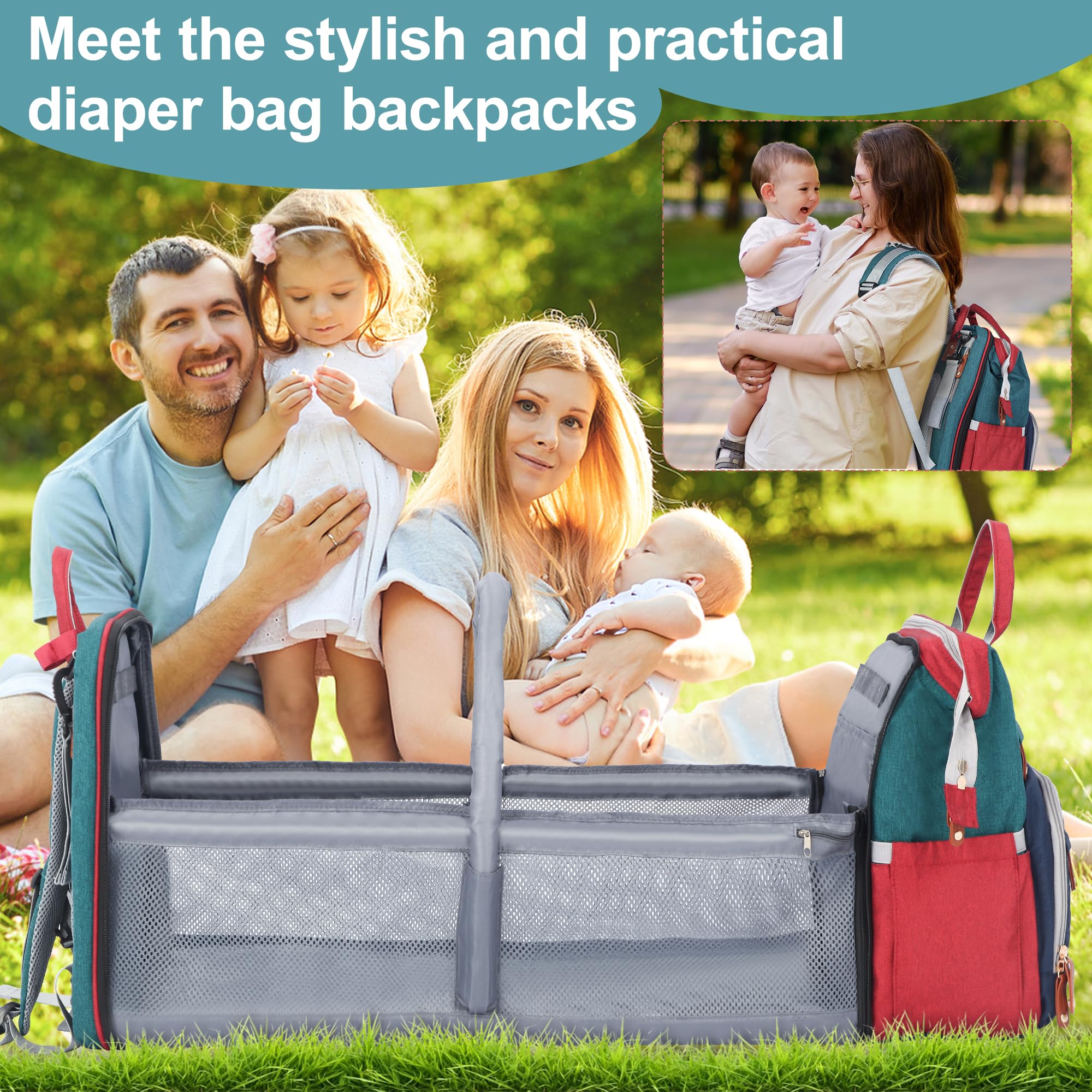 Shengmeister diaper bag backpack blue-green breathable back panel for comfort