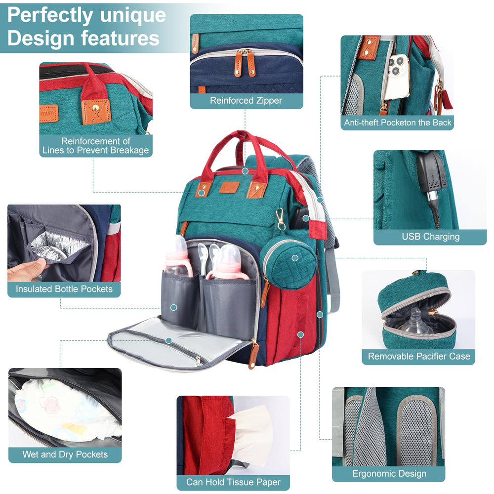 Shengmeister diaper bag backpack blue-green bottle warming pocket for on-the-go feeding