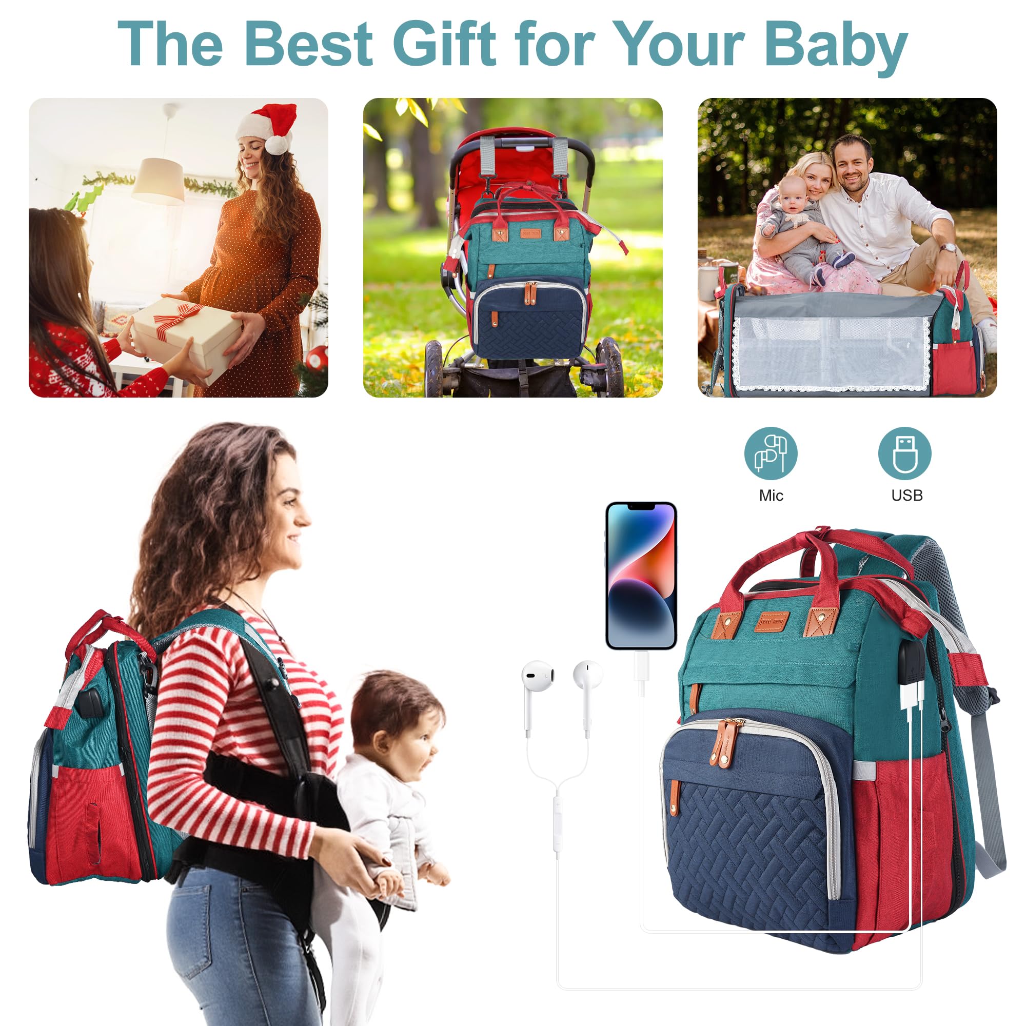 Shengmeister diaper bag backpack blue-green USB port for on-the-go charging