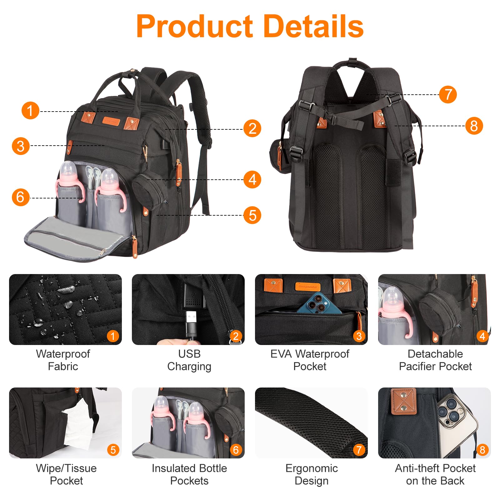 Shengmeister diaper bag insulated bottle pockets keep feeds warm during travel.