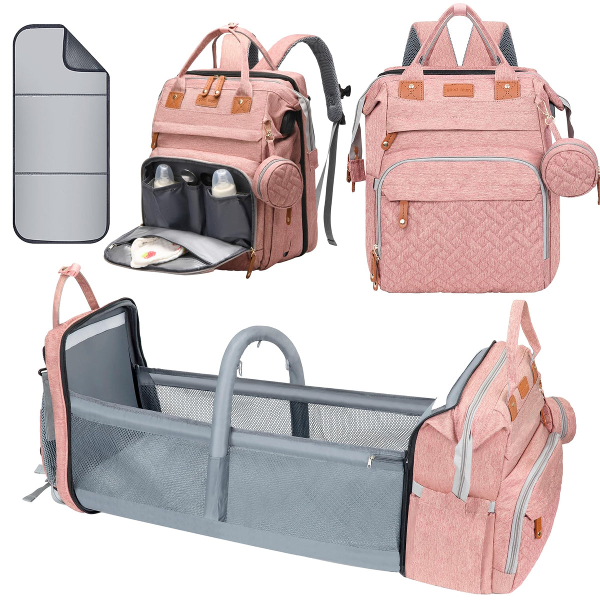 Shengmeister diaper bag pink changing station with mattress and sunshade for on-the-go diaper changes