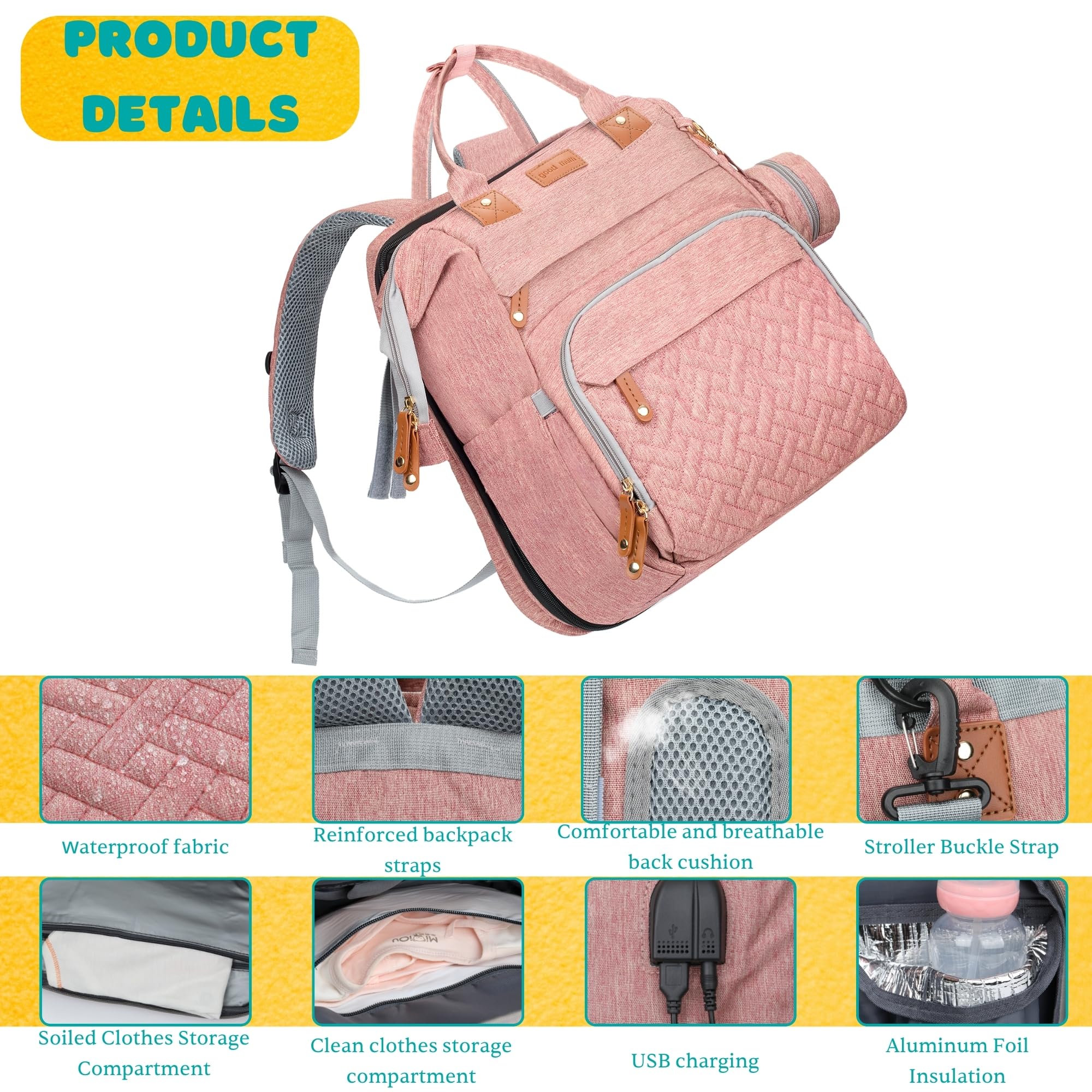 Shengmeister diaper bag pink changing table setup with mattress and pillow