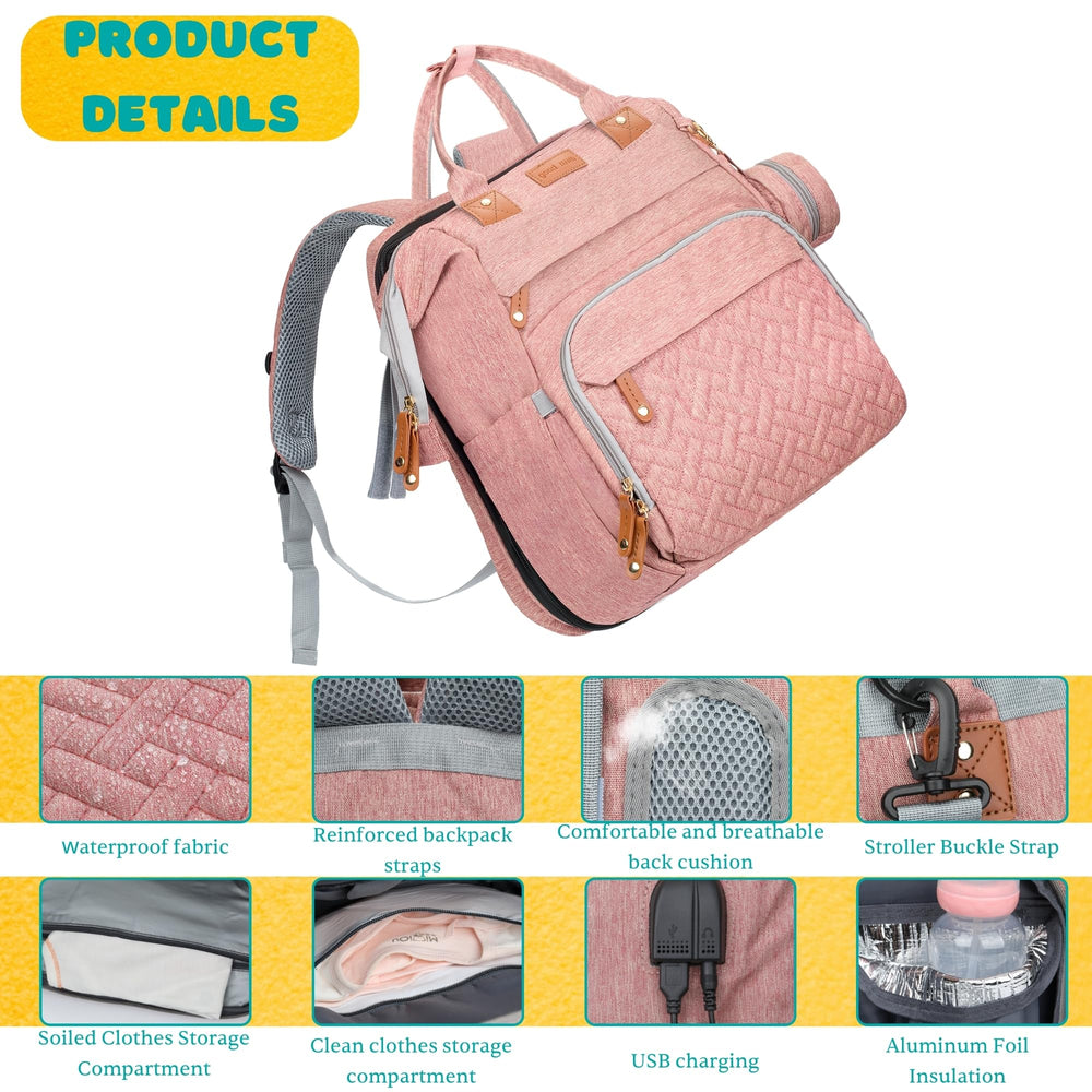 Shengmeister diaper bag pink changing table setup with mattress and pillow