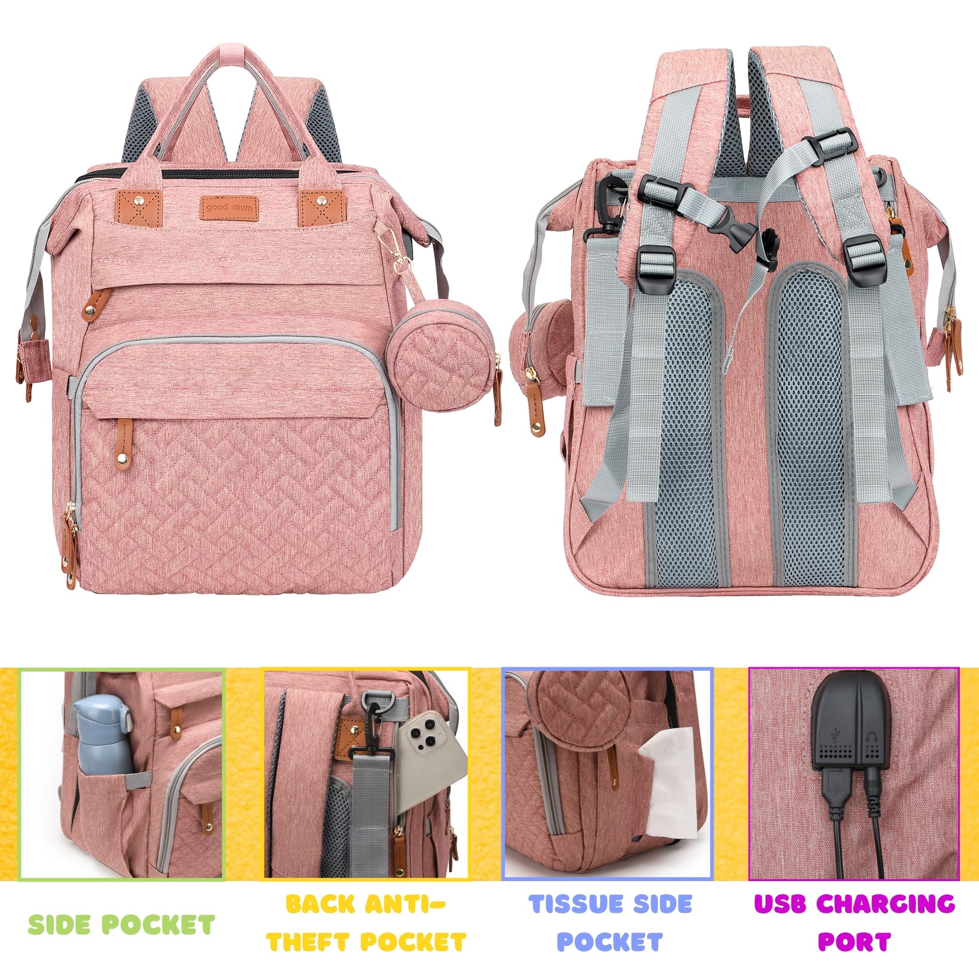 Shengmeister diaper bag pink large-capacity pockets organize baby essentials