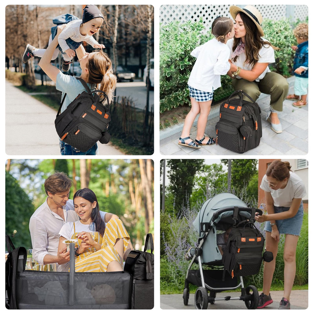 Shengmeister diaper bag stroller attachment for hands-free shopping.