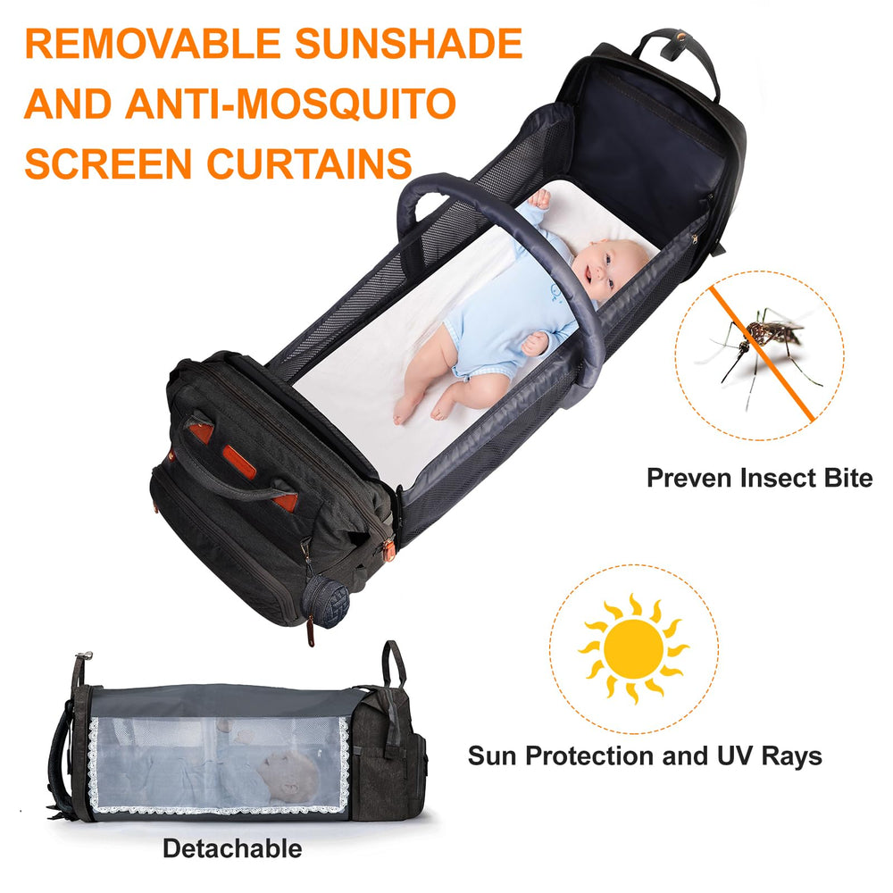 Shengmeister diaper bag USB port allows device charging on trips.