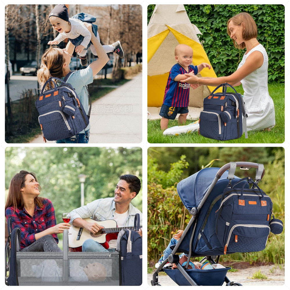 Shengmeister large blue diaper bag in a travel-ready setup for families.