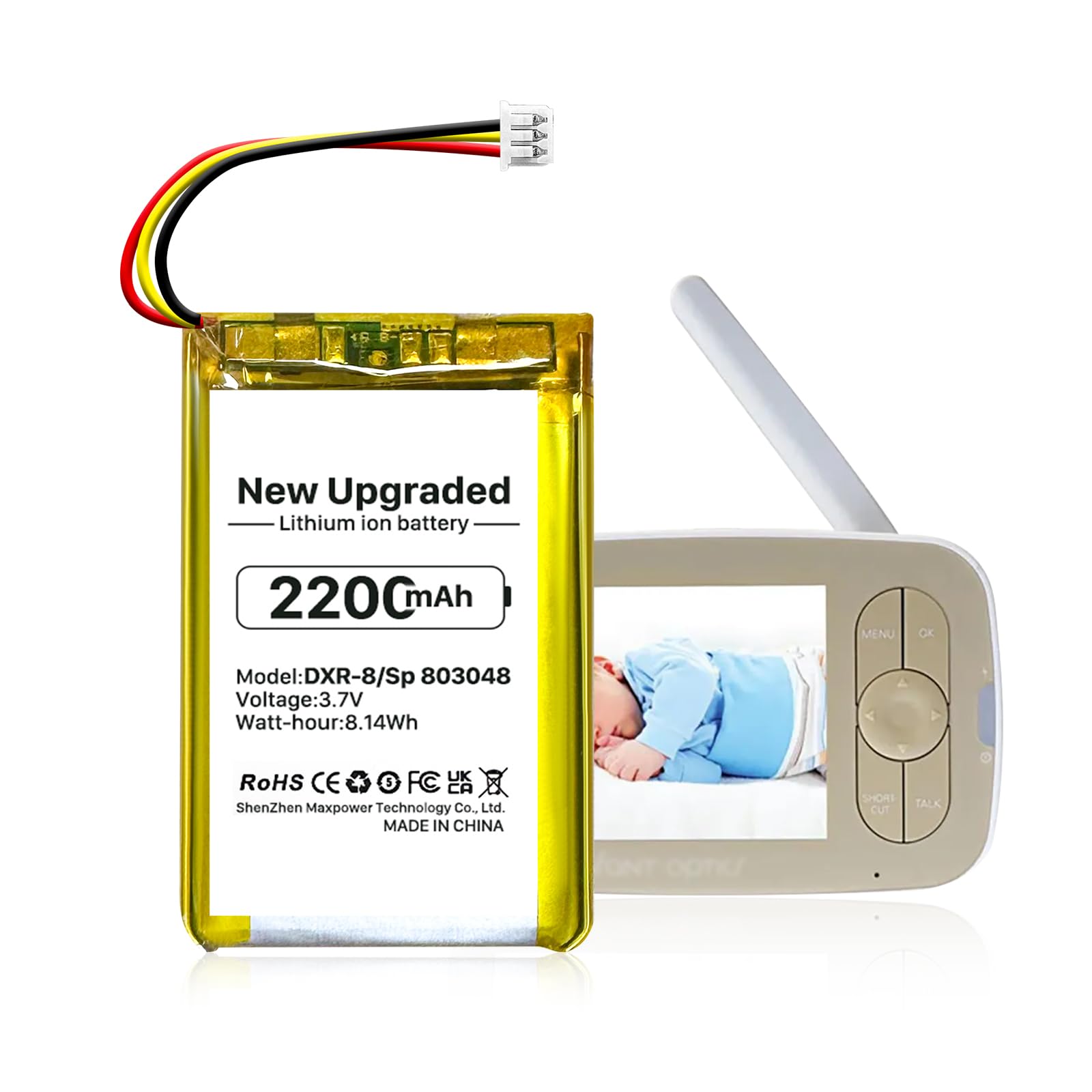 SHENMZ DXR-8 battery front view highlighting 2200mAh capacity for longer monitor uptime