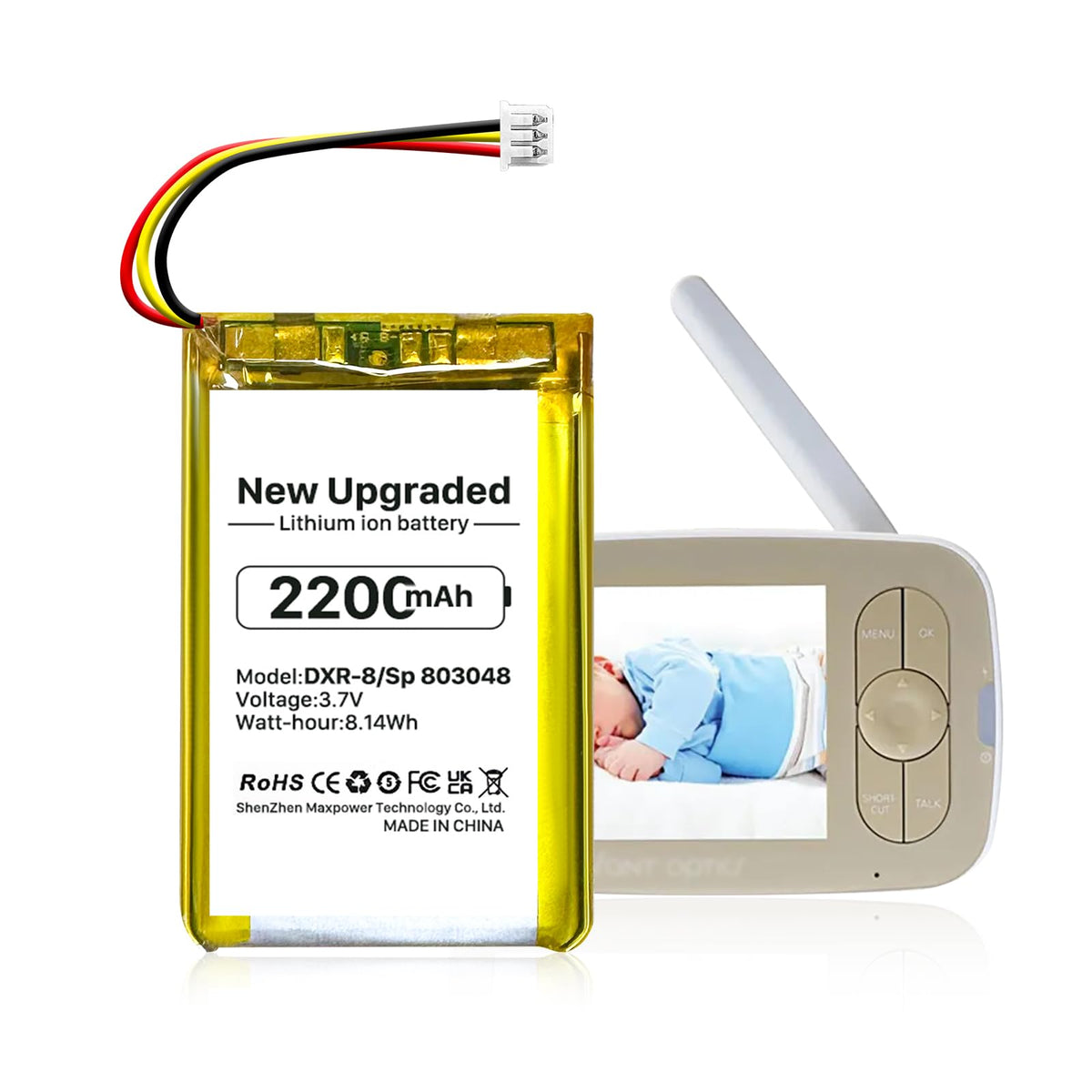 SHENMZ DXR-8 battery front view highlighting 2200mAh capacity for longer monitor uptime