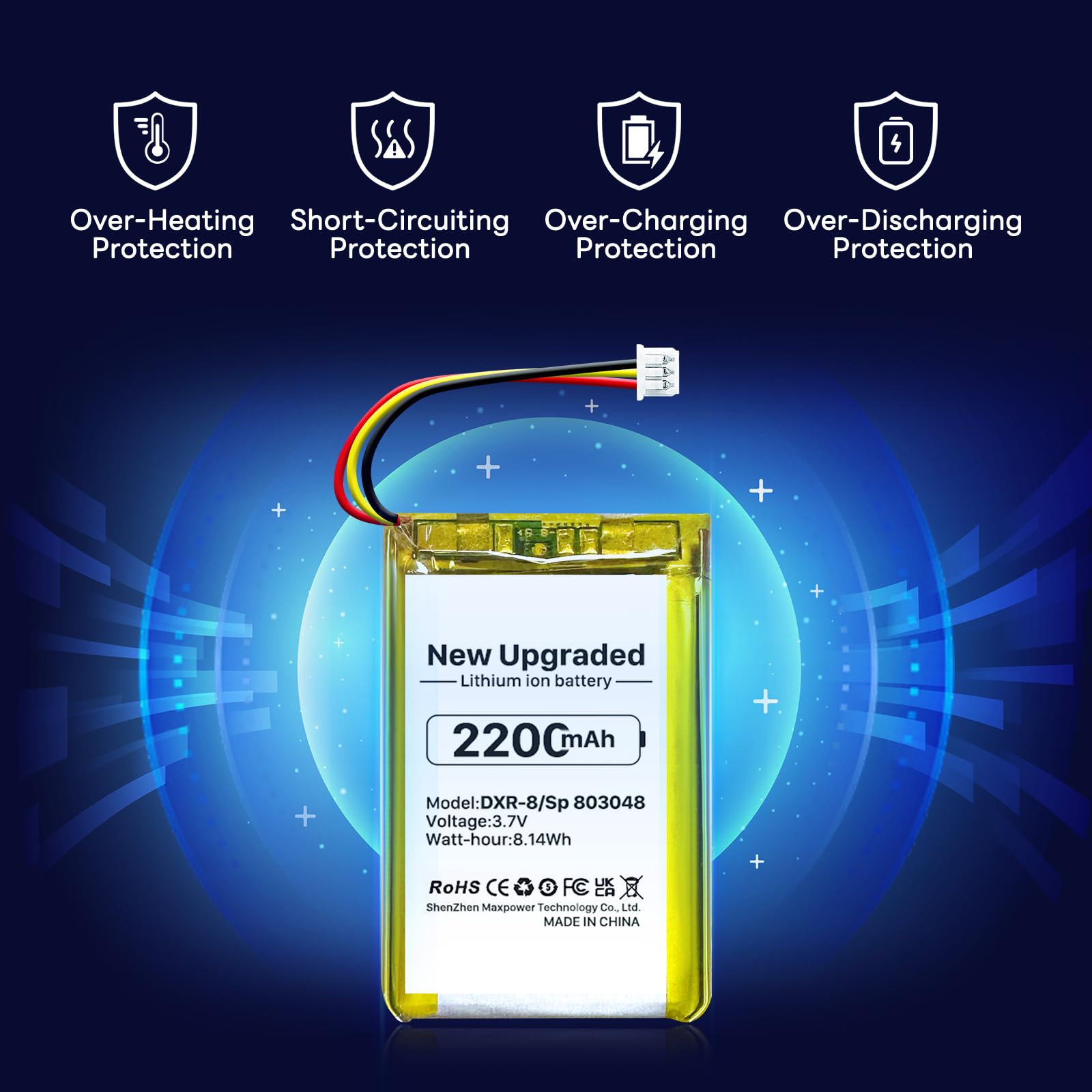 SHENMZ DXR-8 battery side view emphasizing compact lithium-ion design and safety features