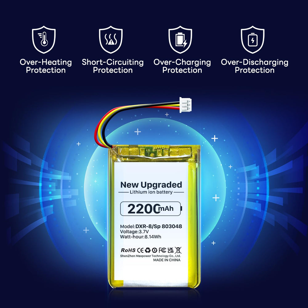 SHENMZ DXR-8 battery side view emphasizing compact lithium-ion design and safety features