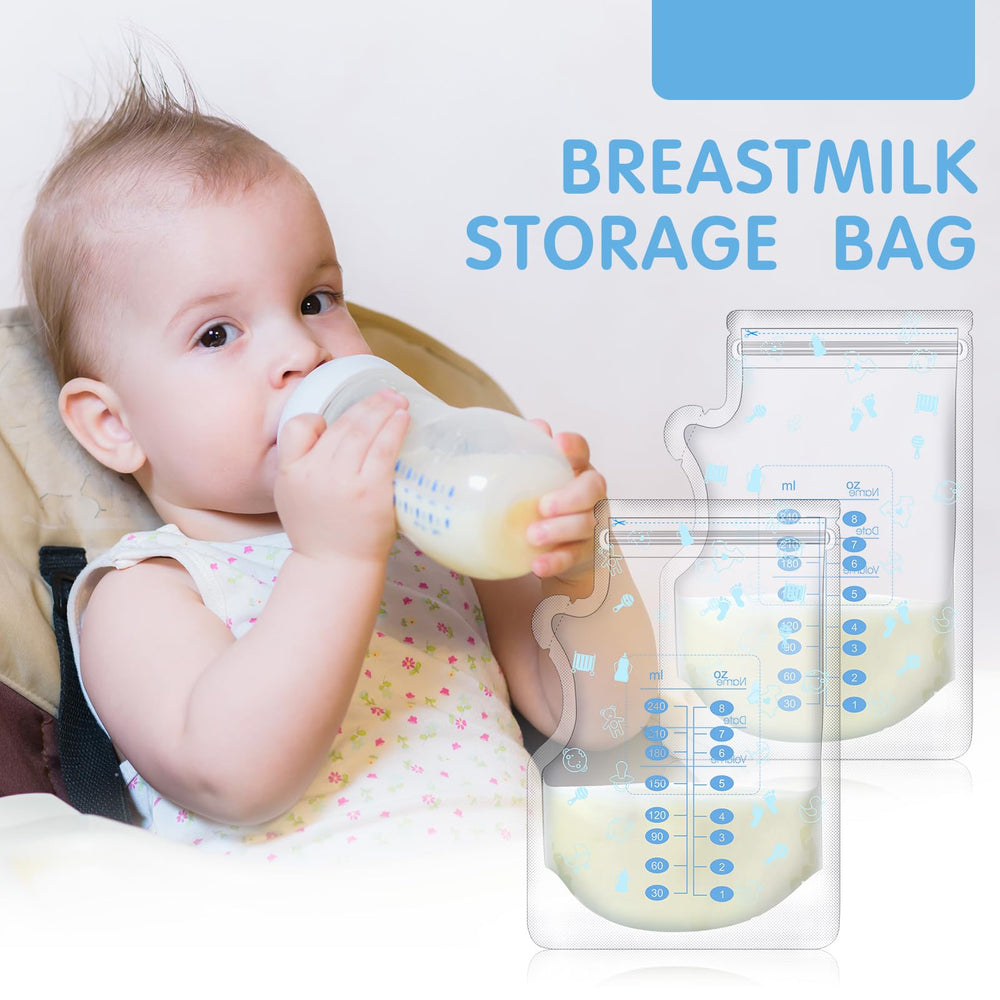 Sherr 8oz breast milk bags shown in fridge for organized, safe storage.