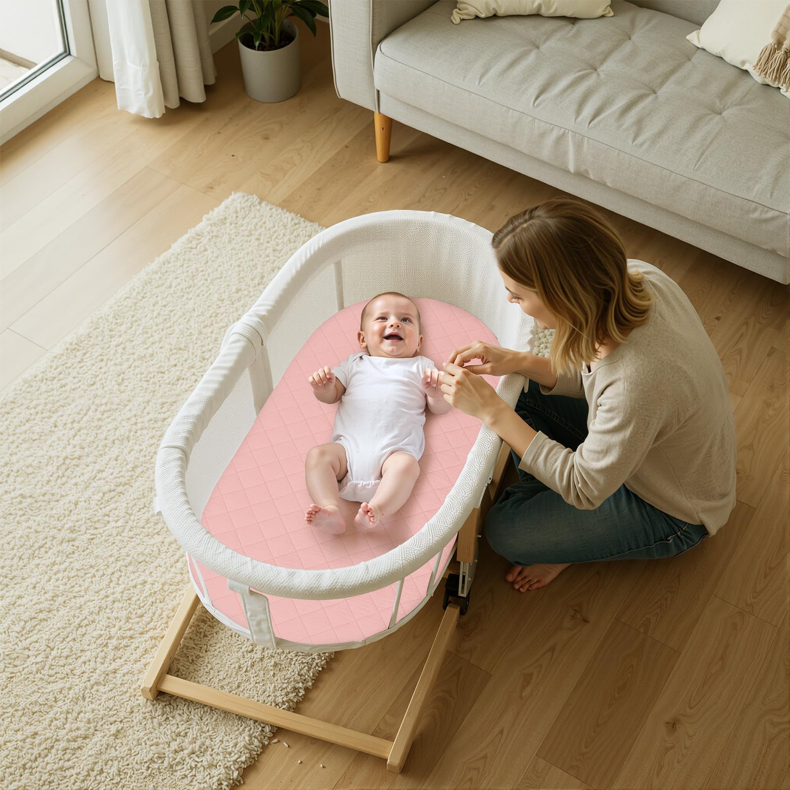 SheSeek pink bassinet sheets add gentle softness to naps