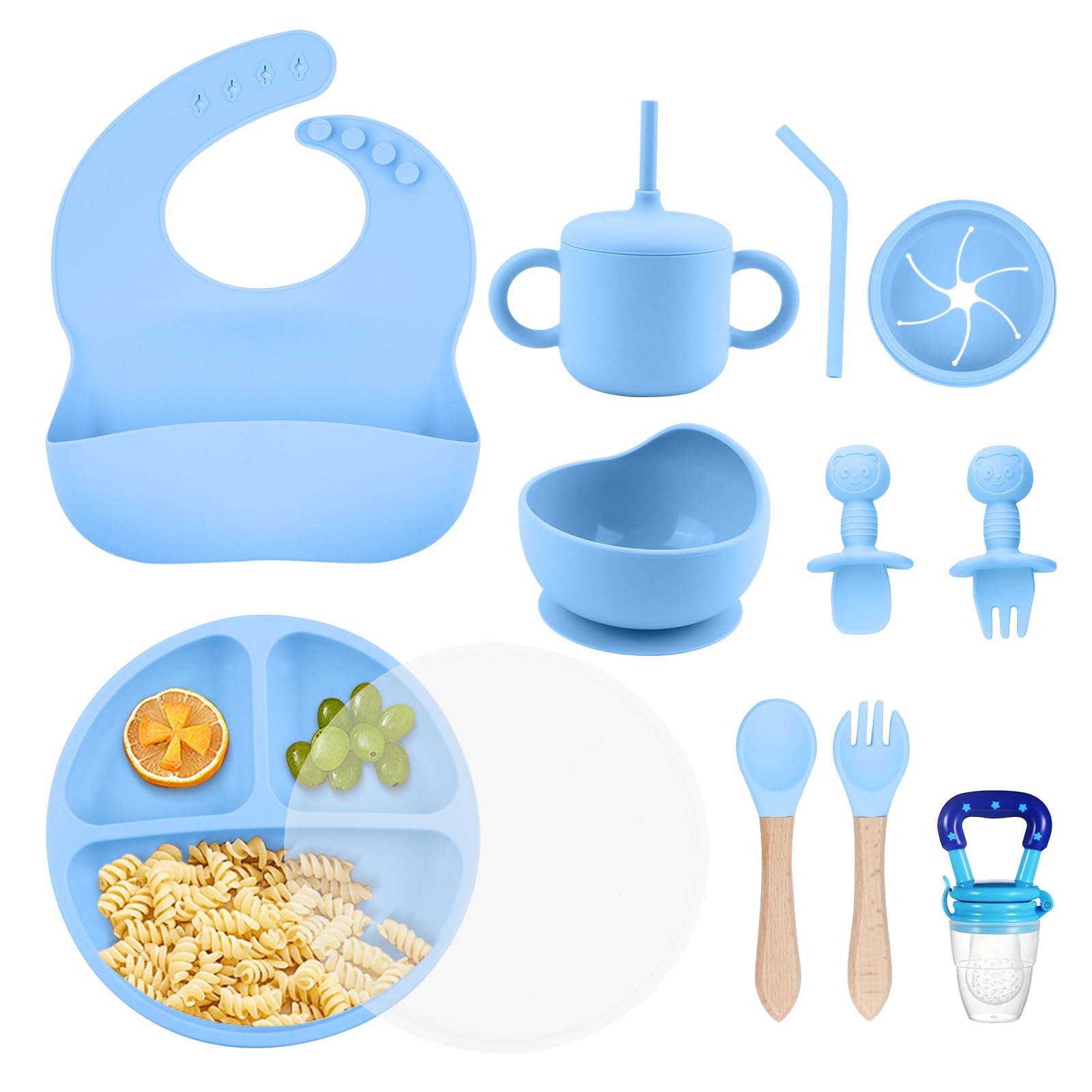 SHGMEET silicone baby feeding set with suction bowl and blue-lid plate for mess-free meals.
