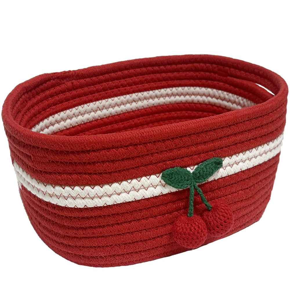 SHIANCE&LI small woven basket cherry design closeup shows durable cotton rope for tidy storage