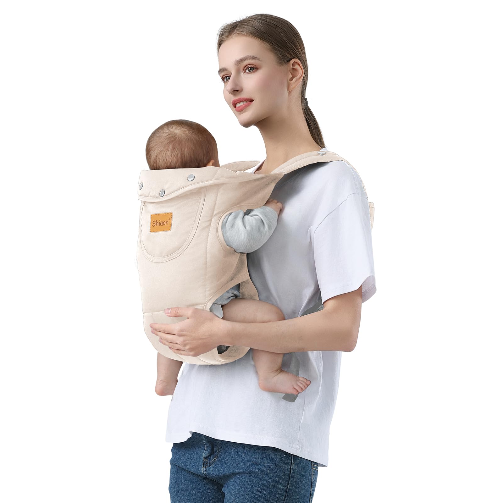 Shiaon baby carrier beige front-wearing for secure hands-free mobility with infant