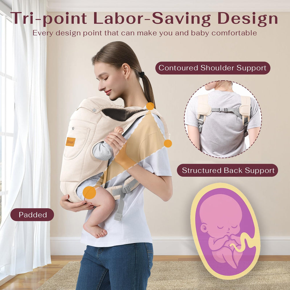 Shiaon baby carrier beige M-position design promotes healthy hip alignment