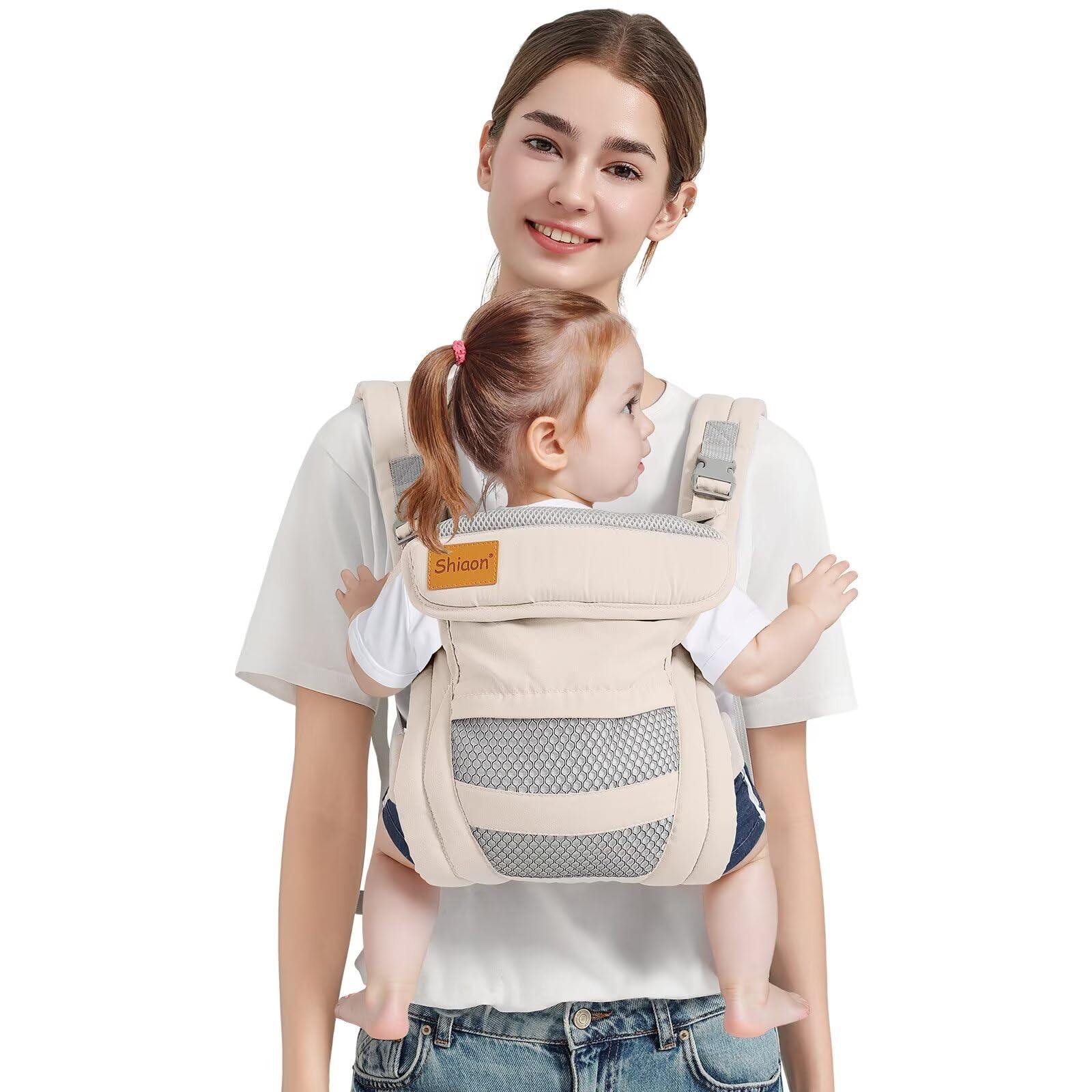 Shiaon baby carrier beige mesh main view highlights all-season comfort.