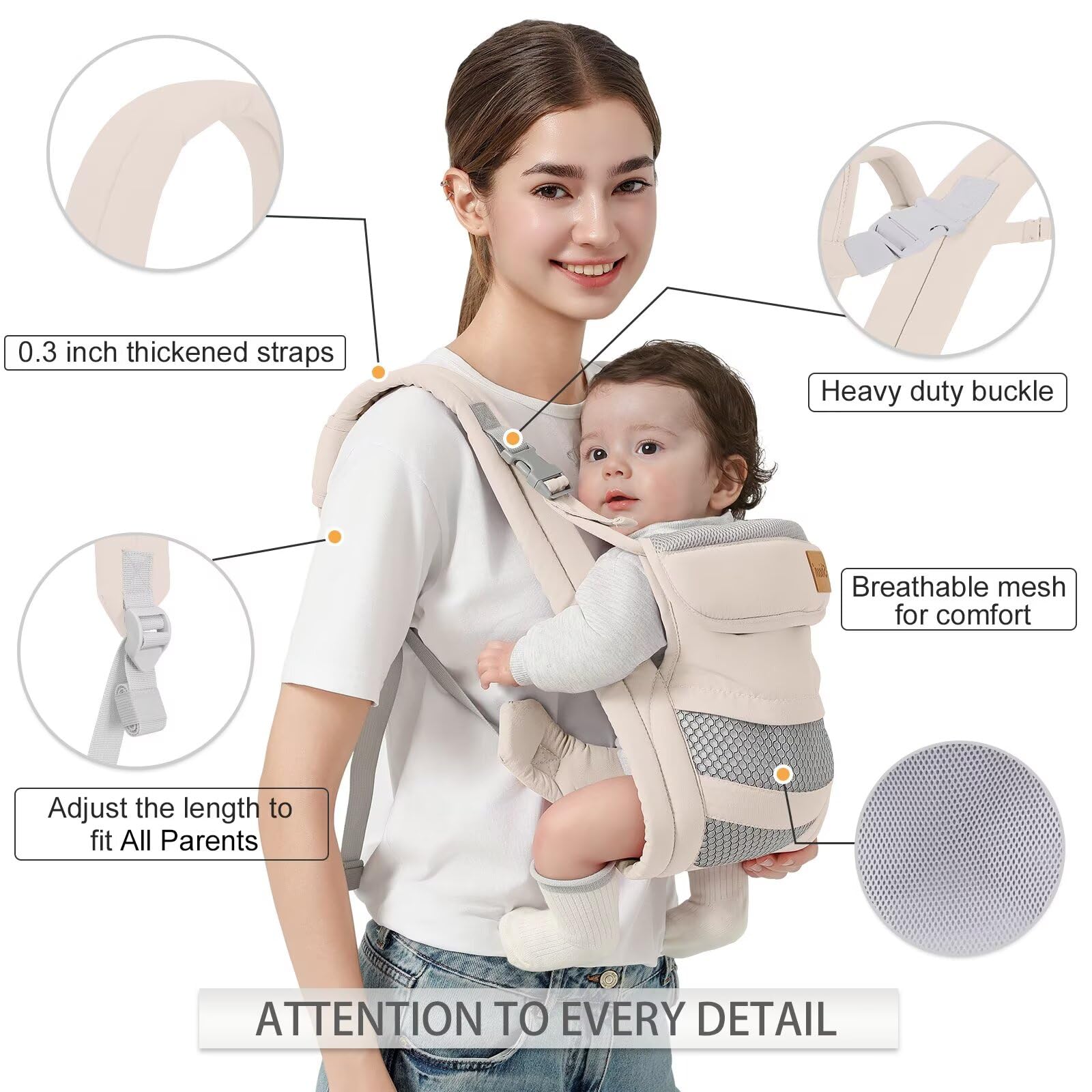 Shiaon baby carrier beige mesh side view shows breathability.