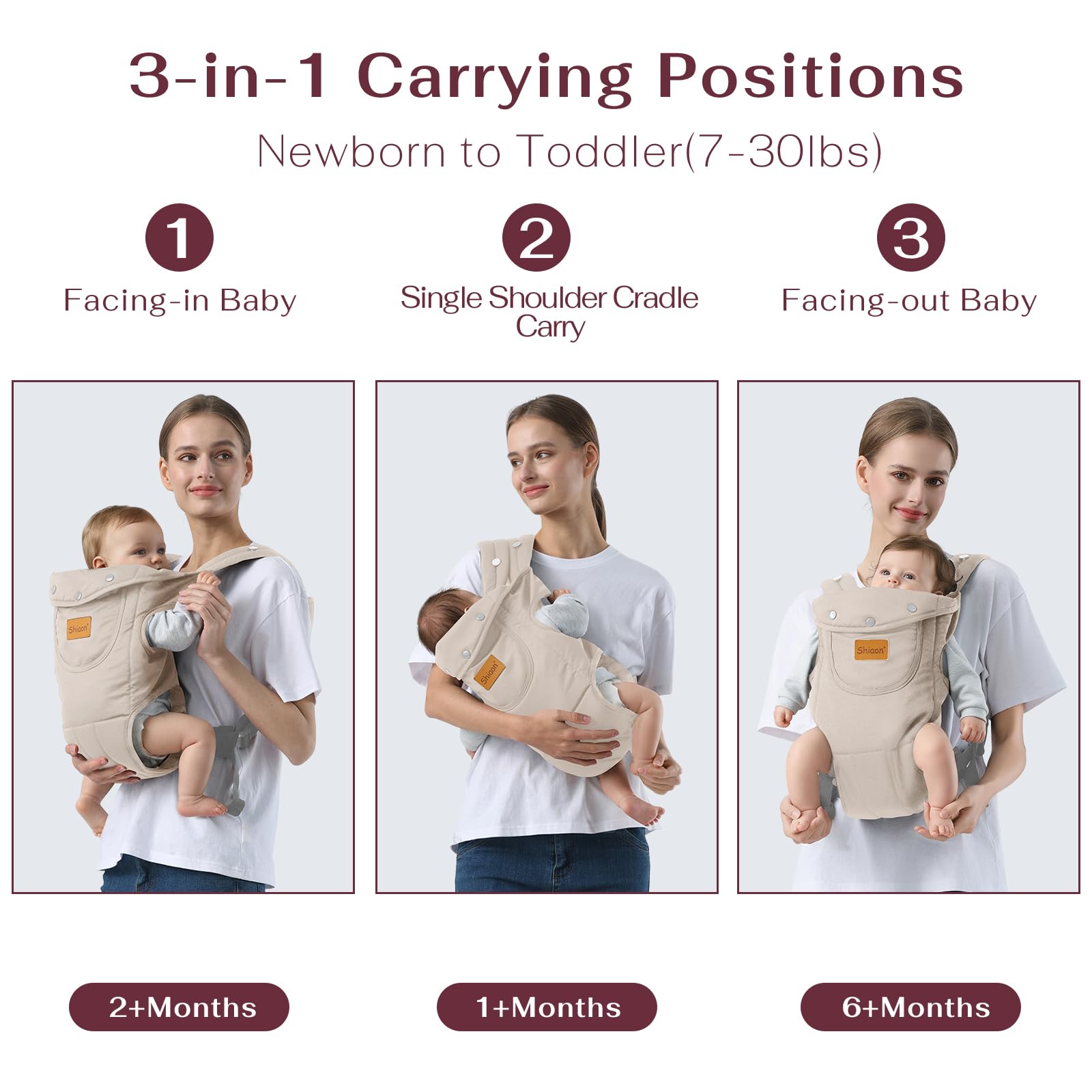 Shiaon baby carrier beige newborn-position supports ergonomic hip placement for newborn comfort