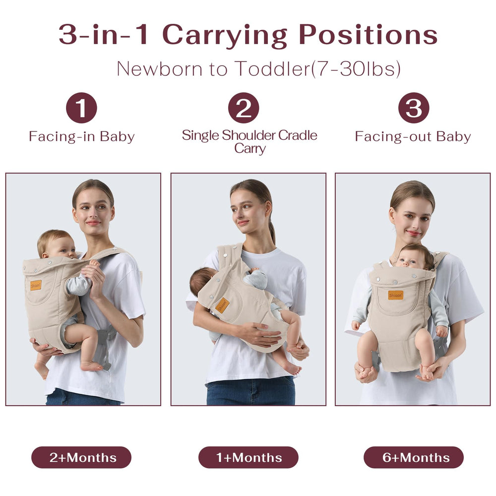 Shiaon baby carrier beige newborn-position supports ergonomic hip placement for newborn comfort