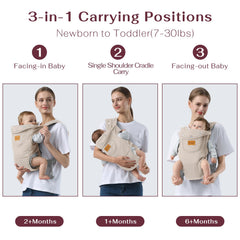 Shiaon baby carrier beige newborn-position supports ergonomic hip placement for newborn comfort