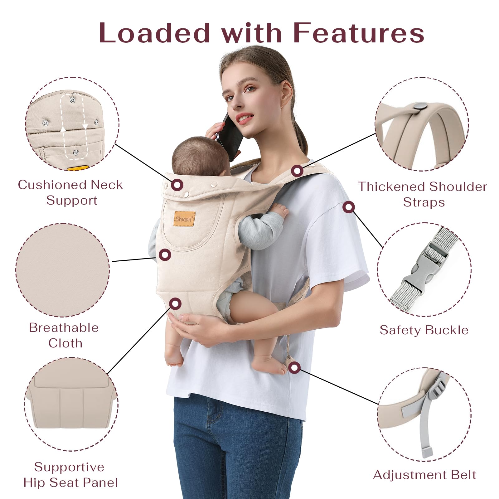 Shiaon baby carrier beige toddler-position keeps baby seated safely as they grow