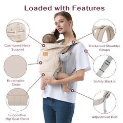 Shiaon baby carrier beige toddler-position keeps baby seated safely as they grow