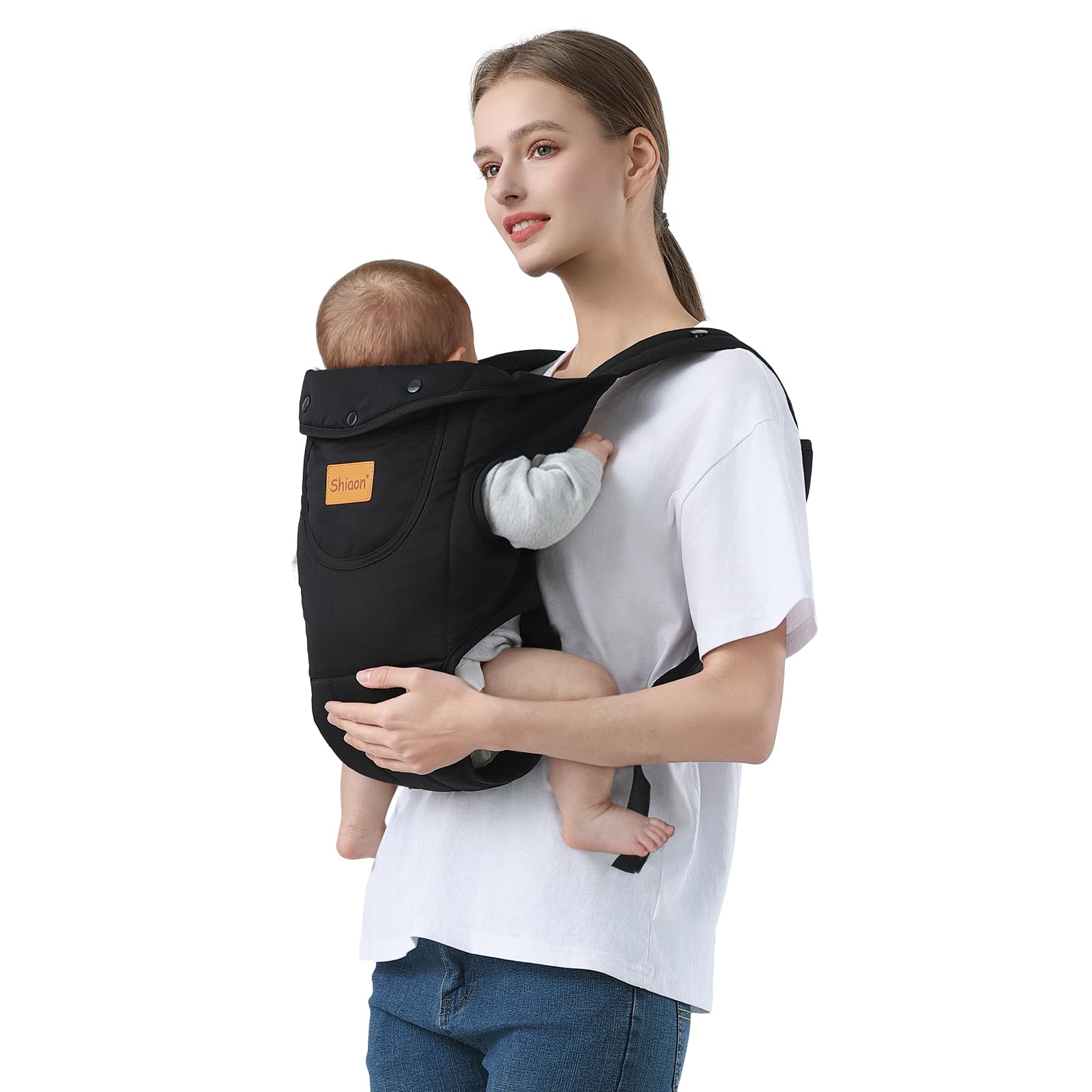 Shiaon baby carrier closeup buckle in black for secure quick wear.