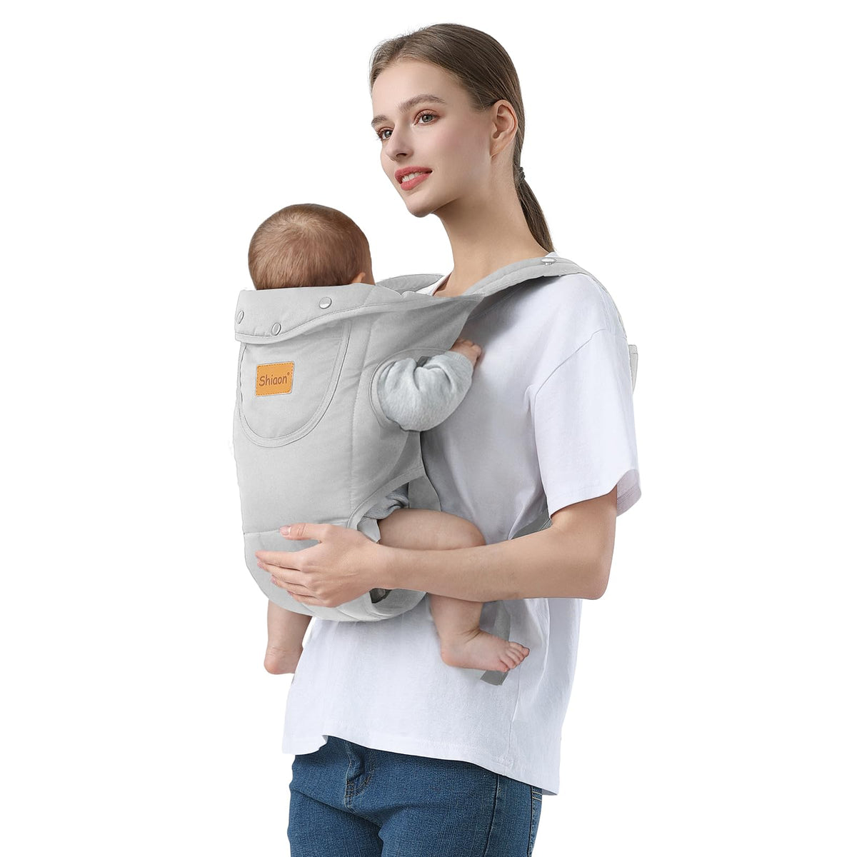 Shiaon baby carrier front view grey offers comfortable daily wear.