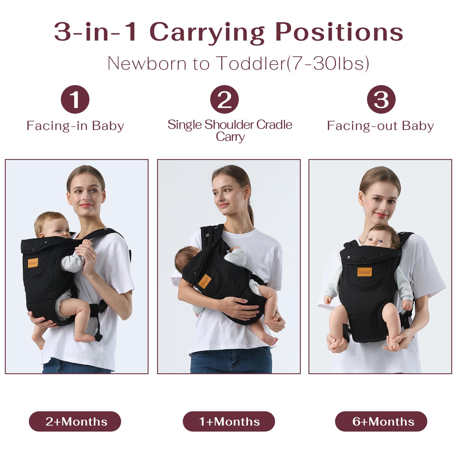 Shiaon baby carrier front-worn demonstrates ergonomic support for parent and baby.