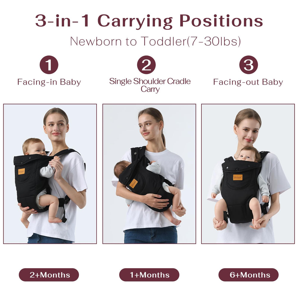 Shiaon baby carrier front-worn demonstrates ergonomic support for parent and baby.