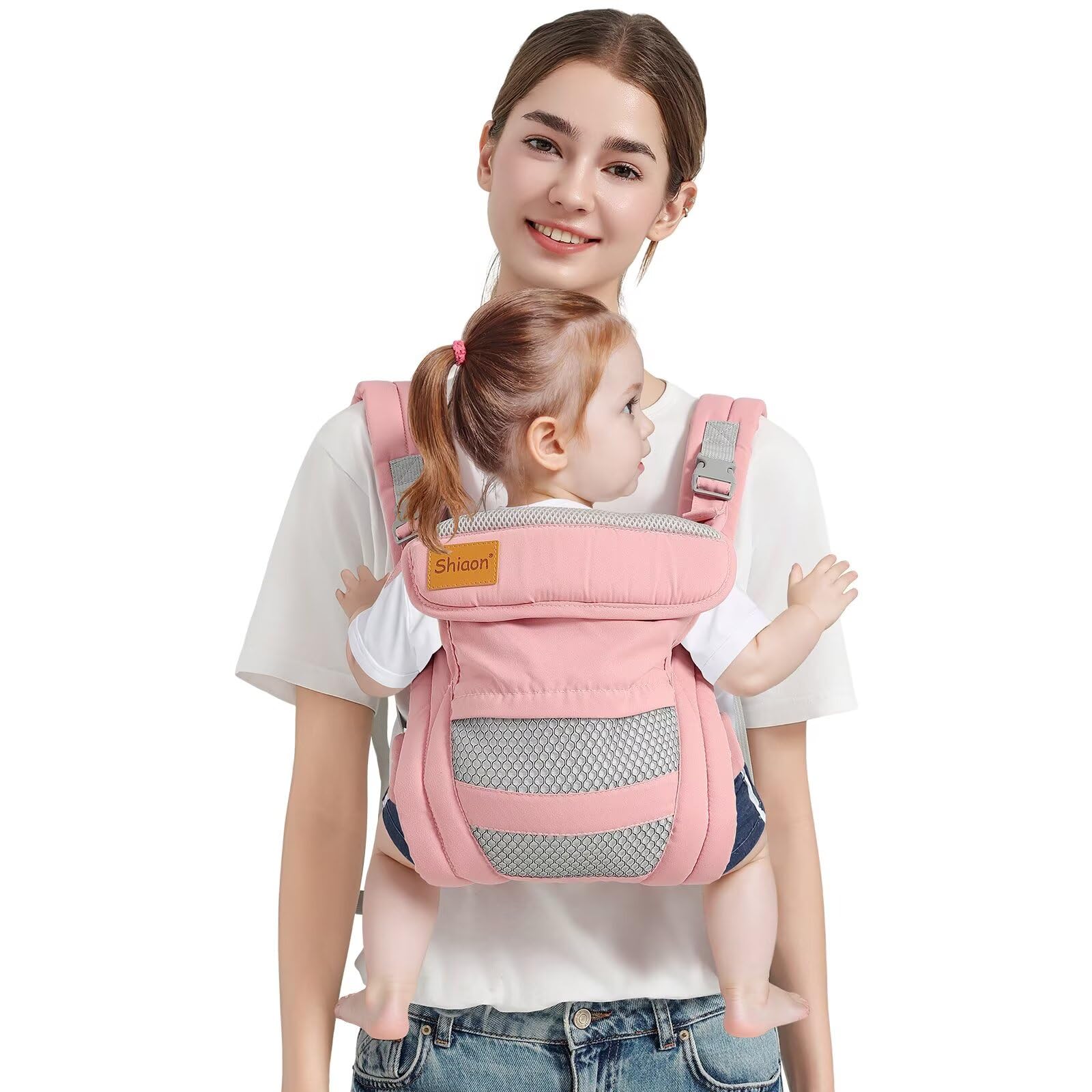 Shiaon baby carrier front-worn shows comfortable support for parent and baby.
