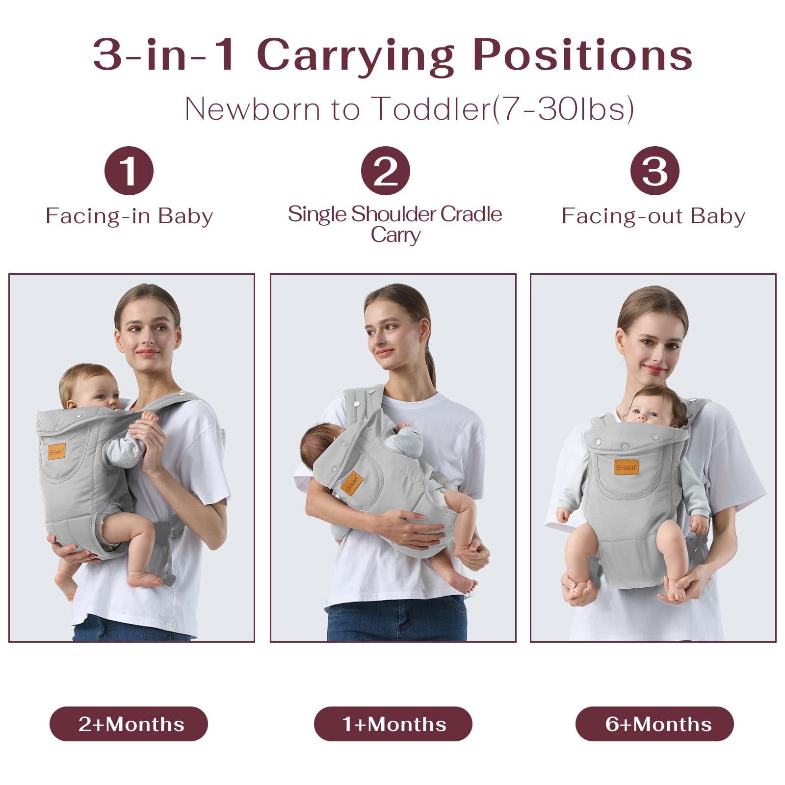 Shiaon baby carrier in-use newborn grey demonstrates snug, supportive carry for tiny snuggles.