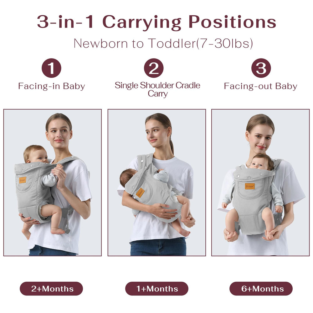 Shiaon baby carrier in-use newborn grey demonstrates snug, supportive carry for tiny snuggles.
