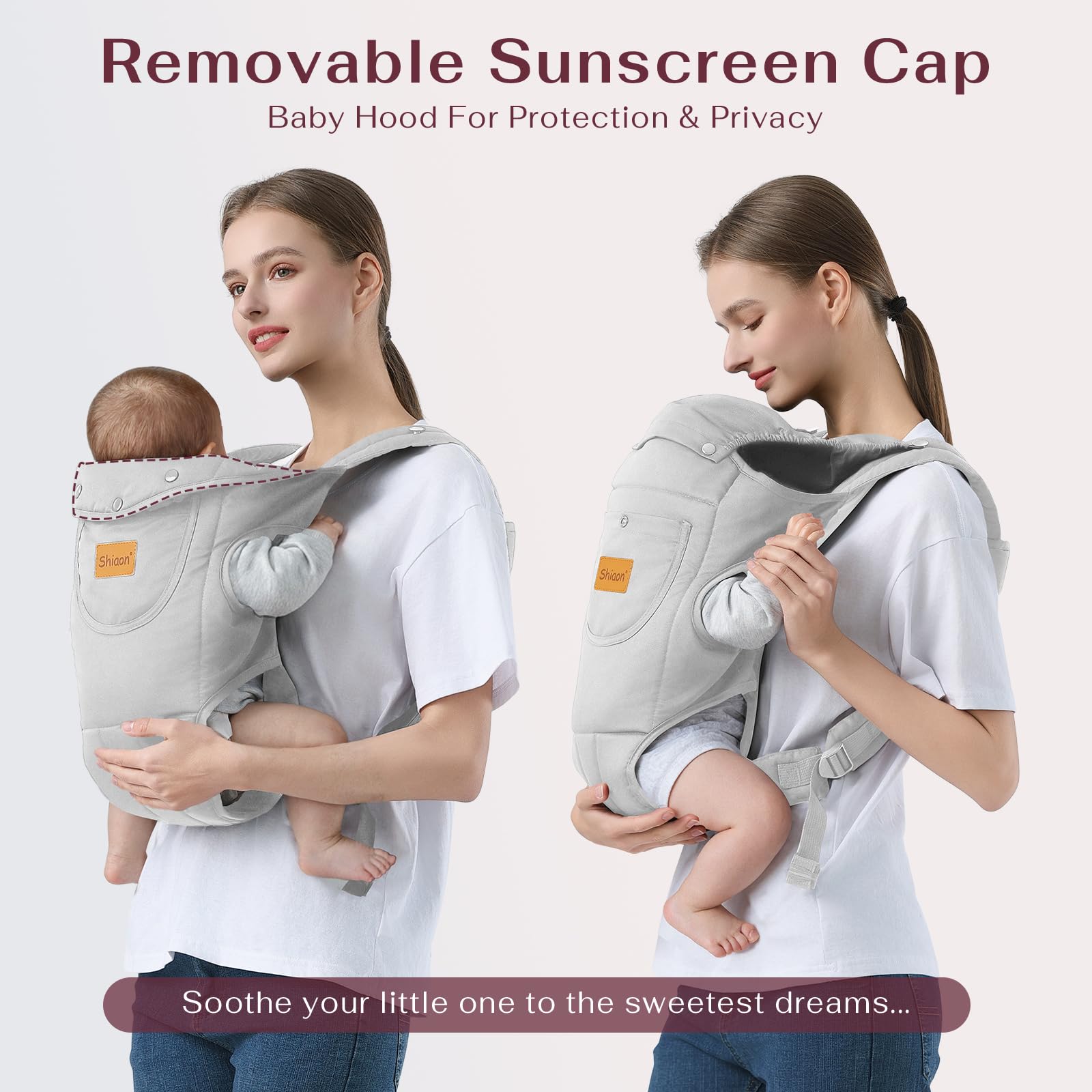 Shiaon baby carrier M-position grey underscores ergonomic hip-friendly seating.