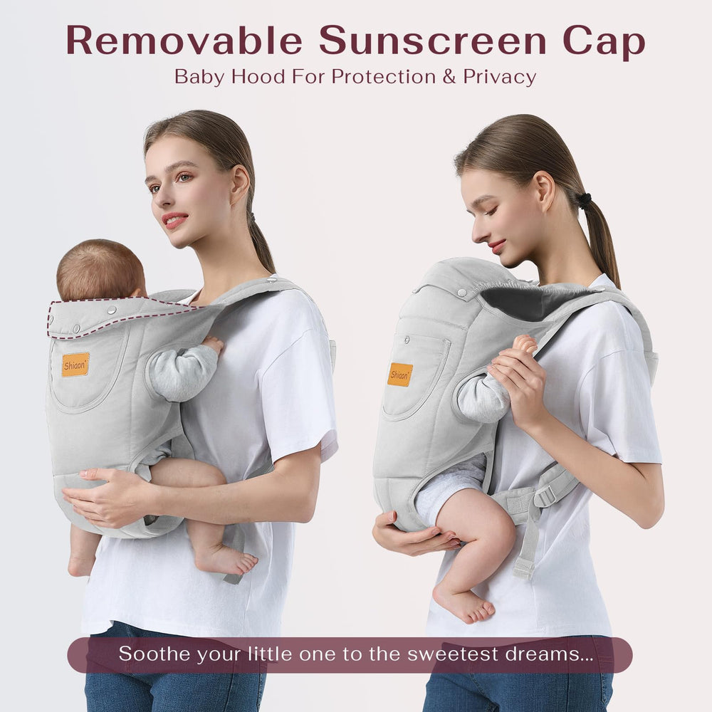 Shiaon baby carrier M-position grey underscores ergonomic hip-friendly seating.