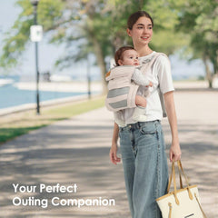 Shiaon baby carrier M-position illustration shows ergonomic hip seating.